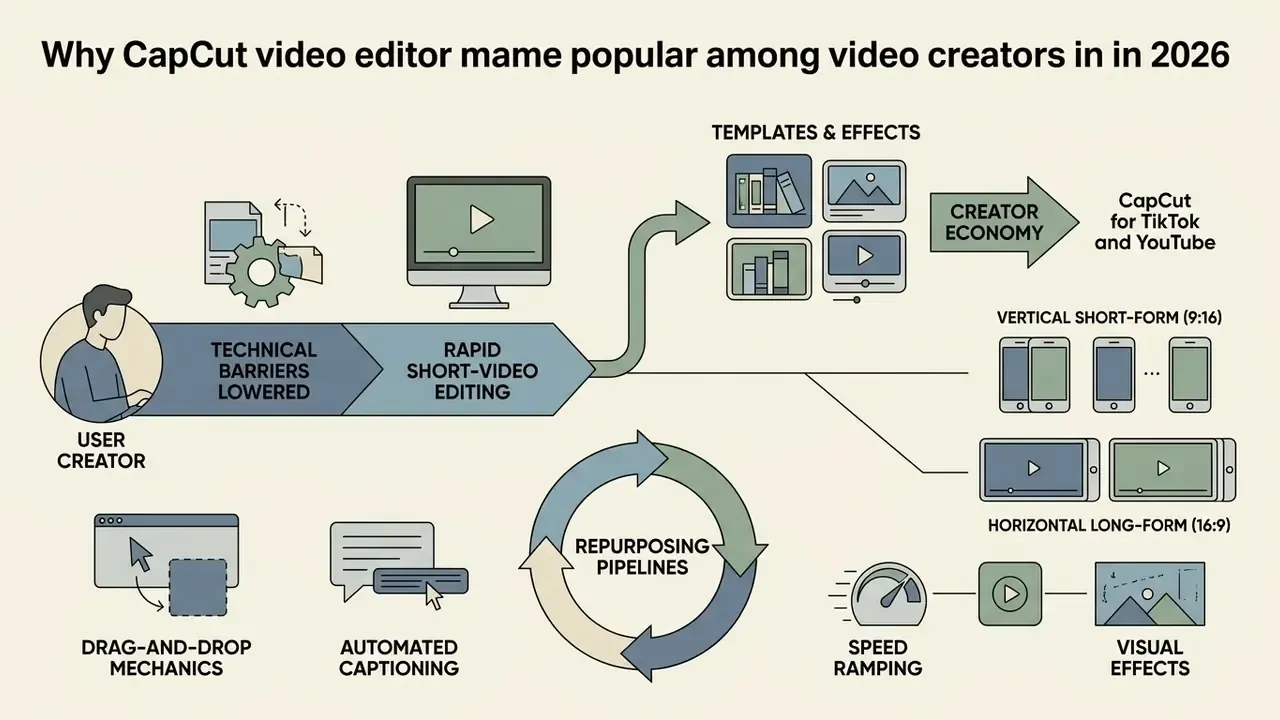 Infographic showing how CapCut simplifies video production through templates, automation, and editing tools