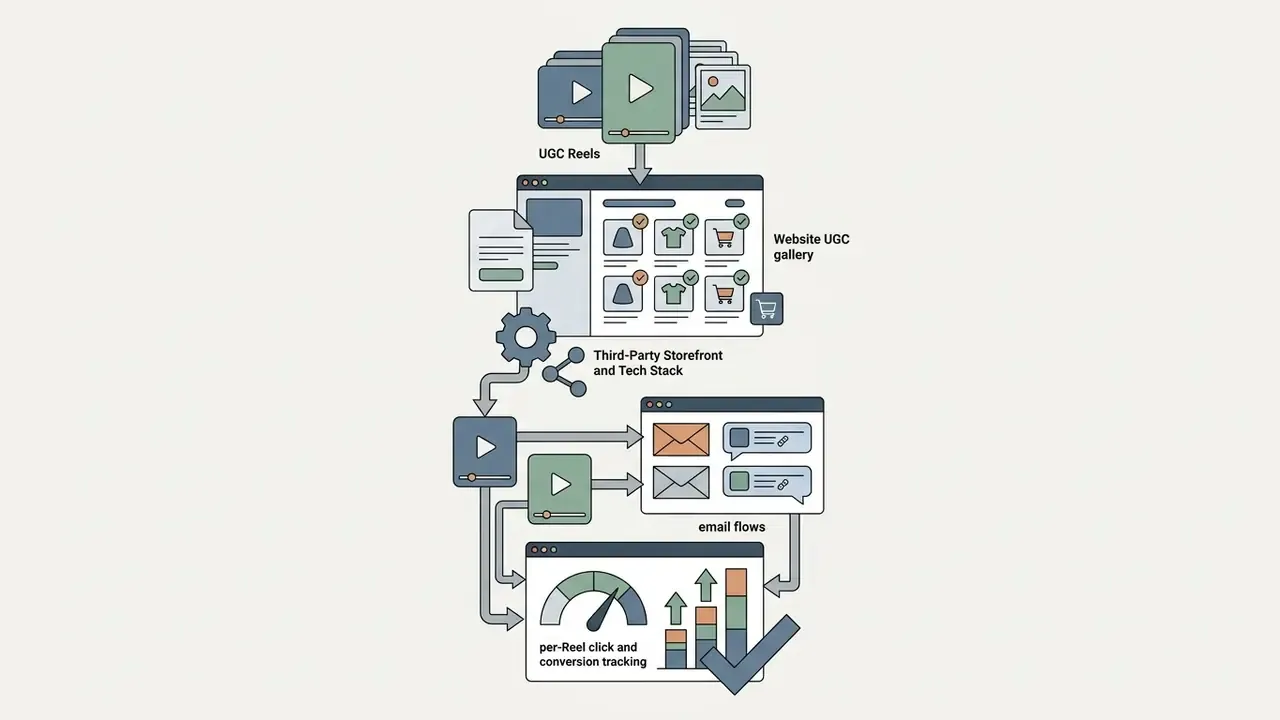 Process flow showing social media content feeding into website galleries, email campaigns, and analytics