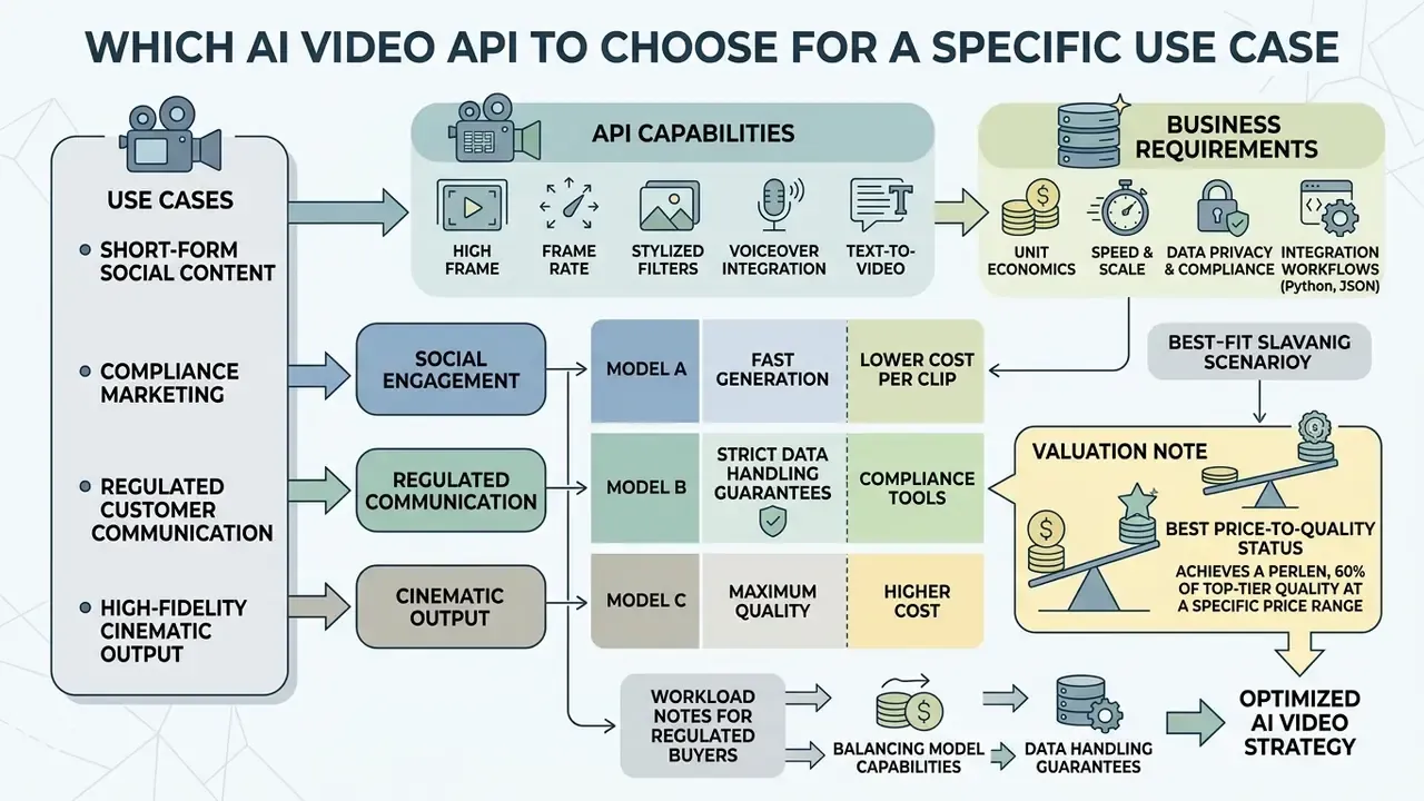 Mapping of business requirements and use cases to AI Video API model selection and valuation metrics