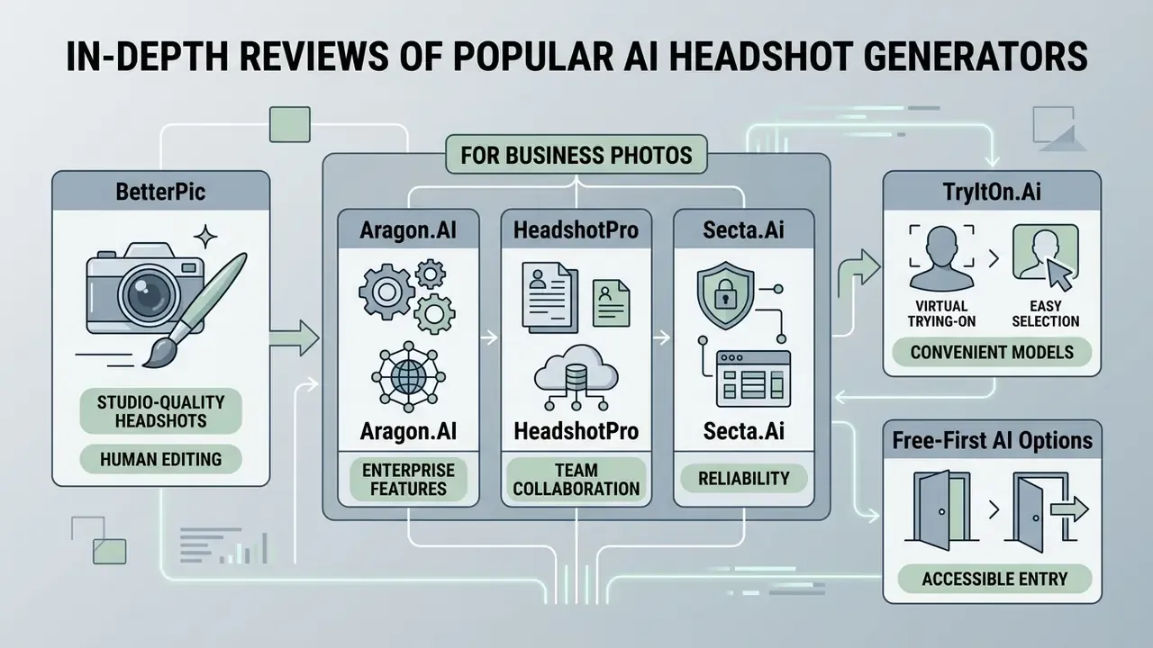 Diagram categorizing popular AI professional headshot generator services by their key service features
