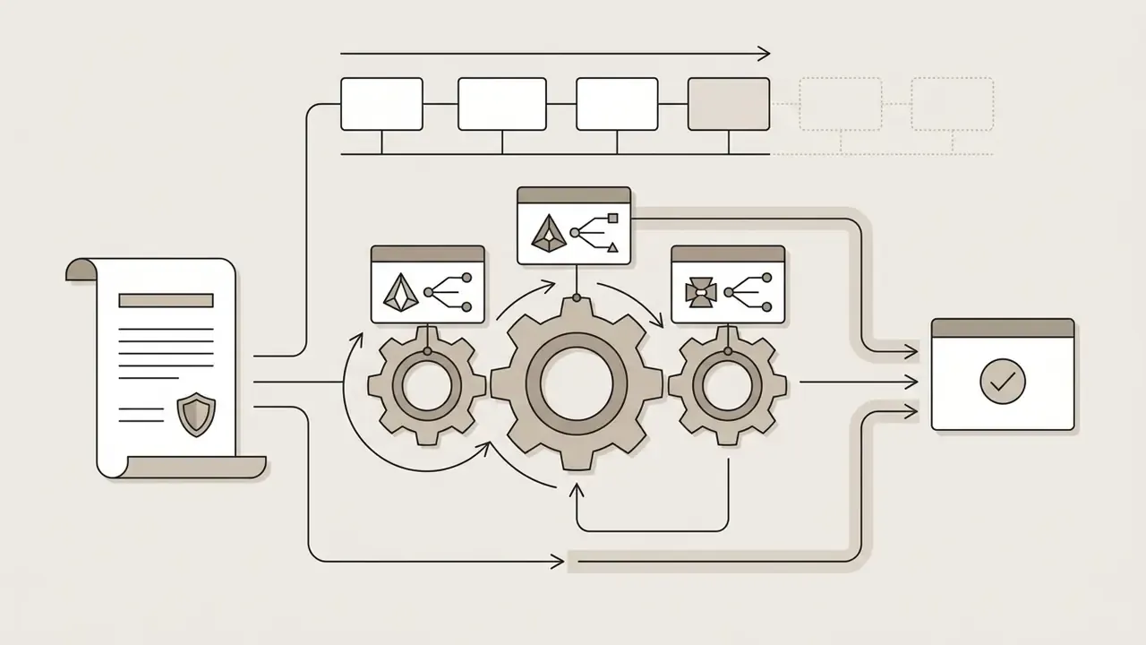 Document with a shield icon feeding into a gear system that routes data to multiple model interfaces
