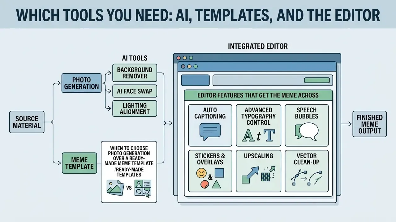 Diagram showing the workflow from source material through AI processing and editing to a final meme output