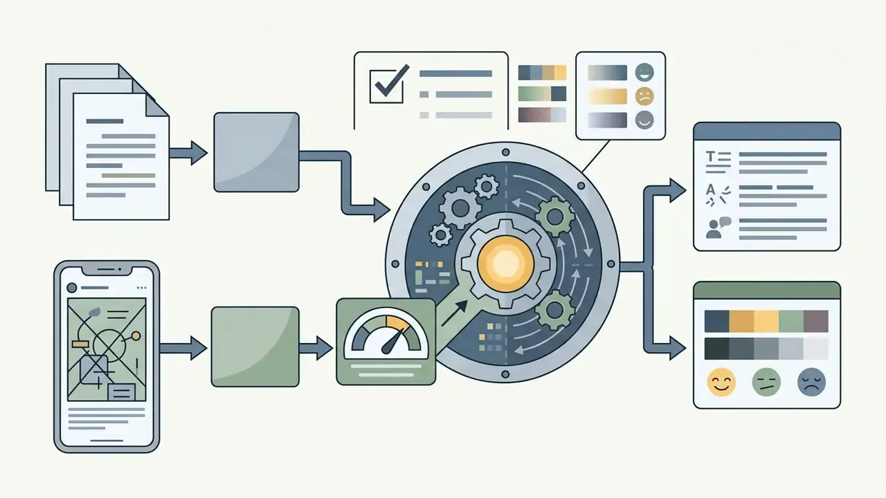 Documents and screenshot data feeding into a processing gear to generate text and sentiment analysis