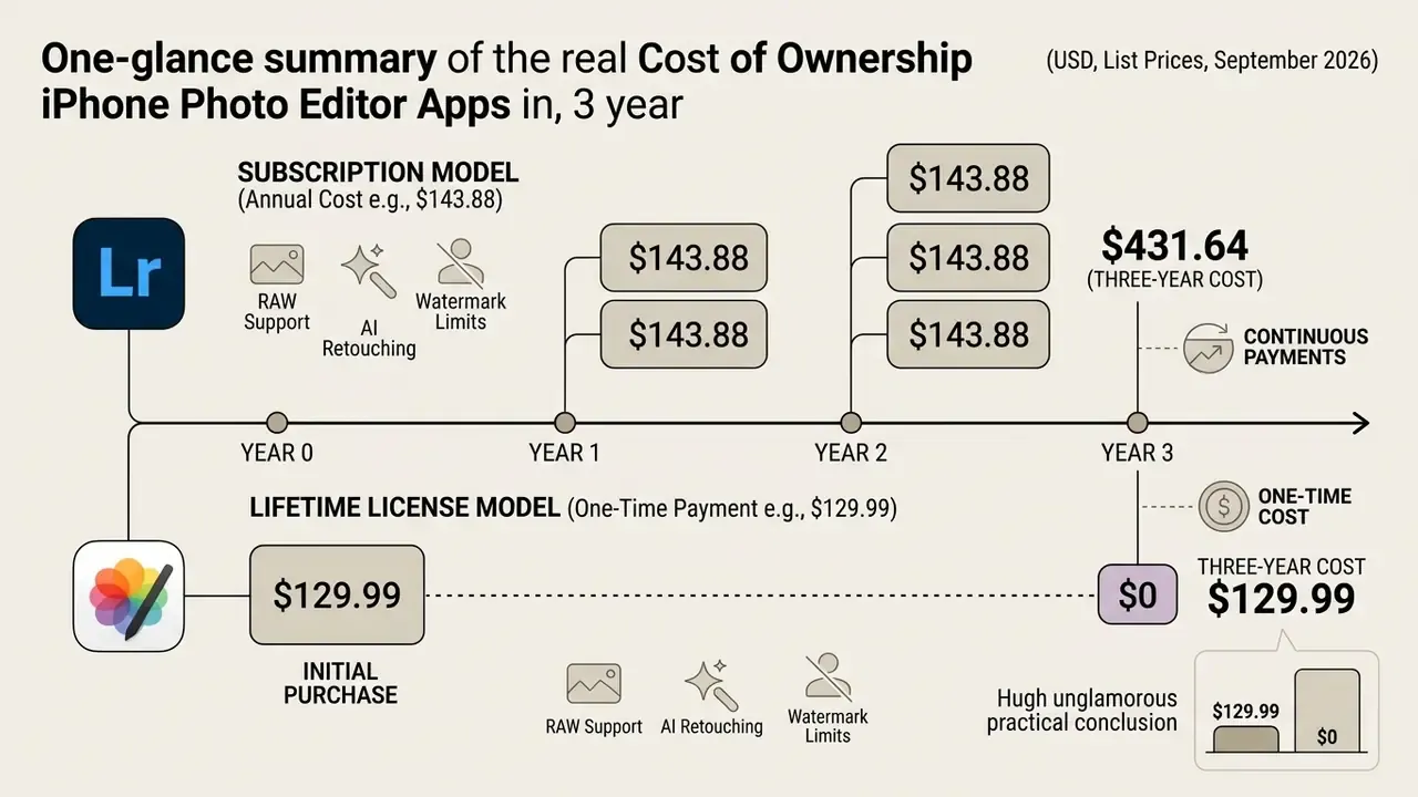Timeline comparing three-year costs for subscription versus lifetime license photo editor apps