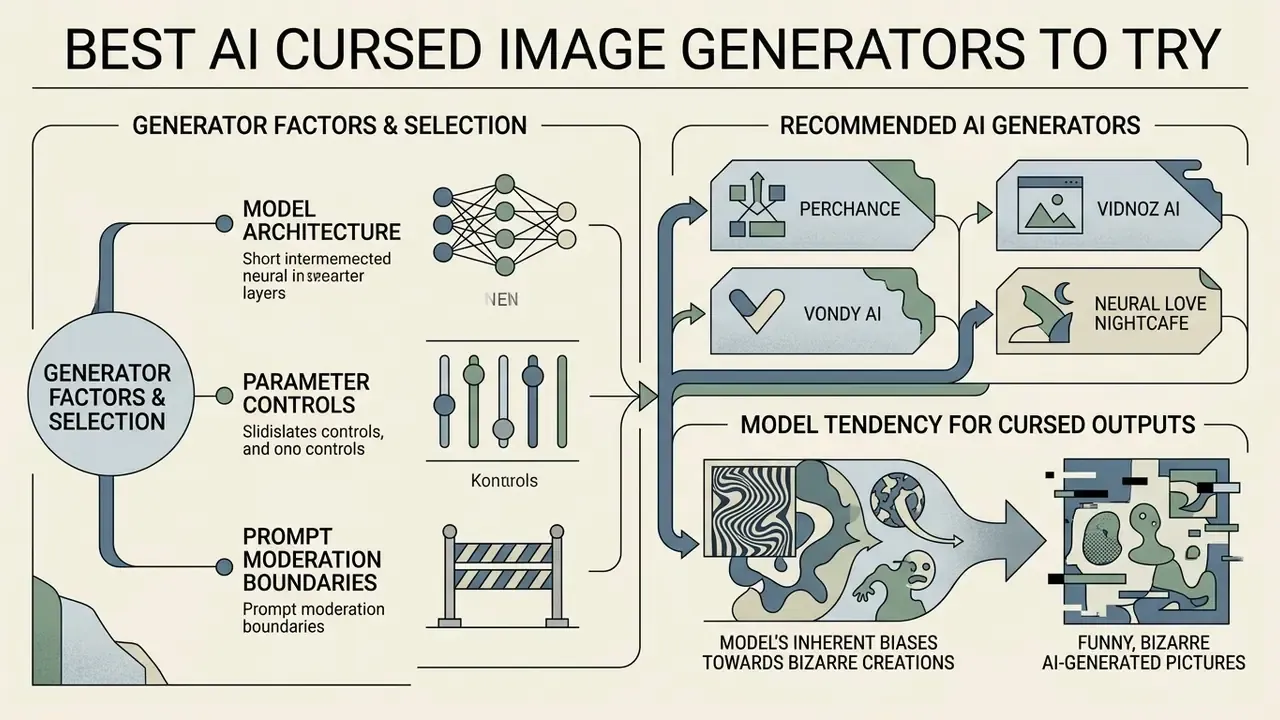 Infographic detailing selection factors for generative tools and their tendency toward bizarre outputs