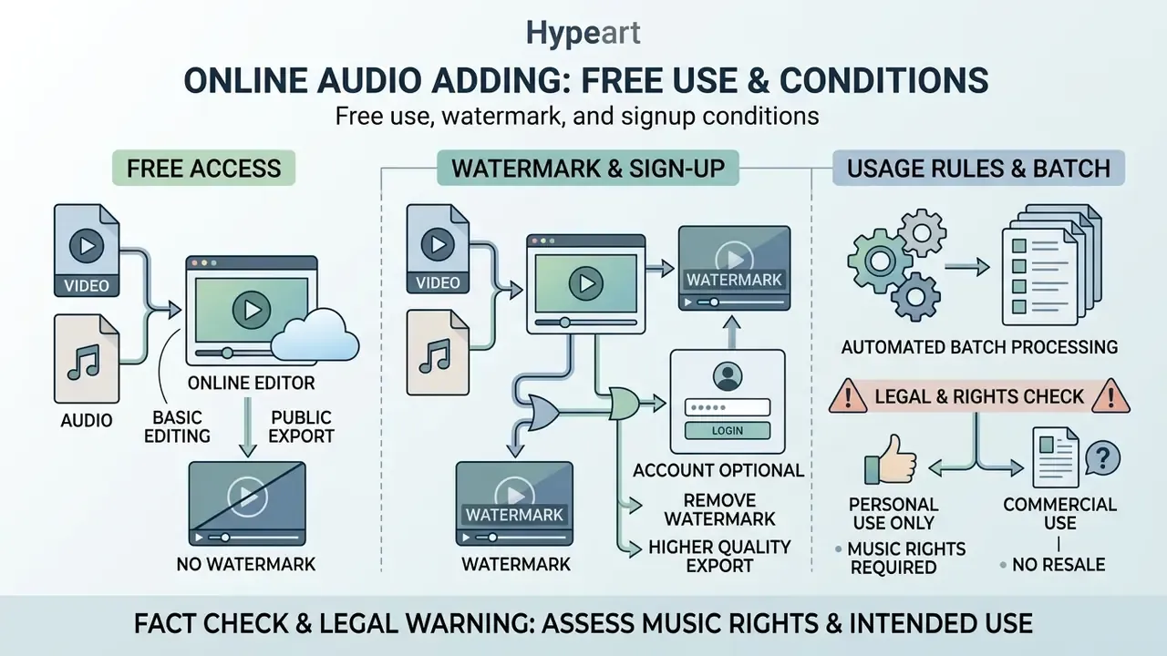 Infographic comparing free access, watermark policies, and legal requirements when you add music to video