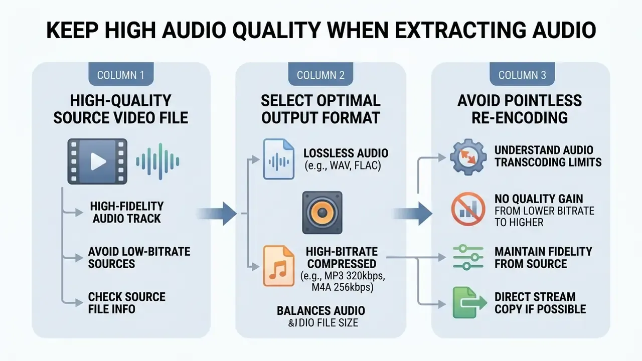 Three-step guide for maintaining audio fidelity by using quality sources and avoiding re-encoding