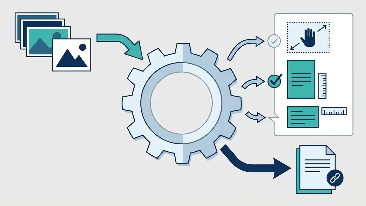 Stack of images feeding into a gear that processes page size settings and outputs a document file