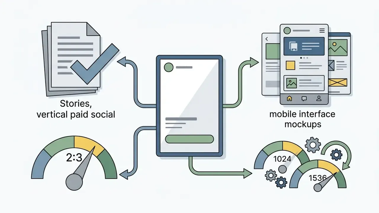 Central mobile frame connecting to social media assets, interface mockups, and aspect ratio gauges