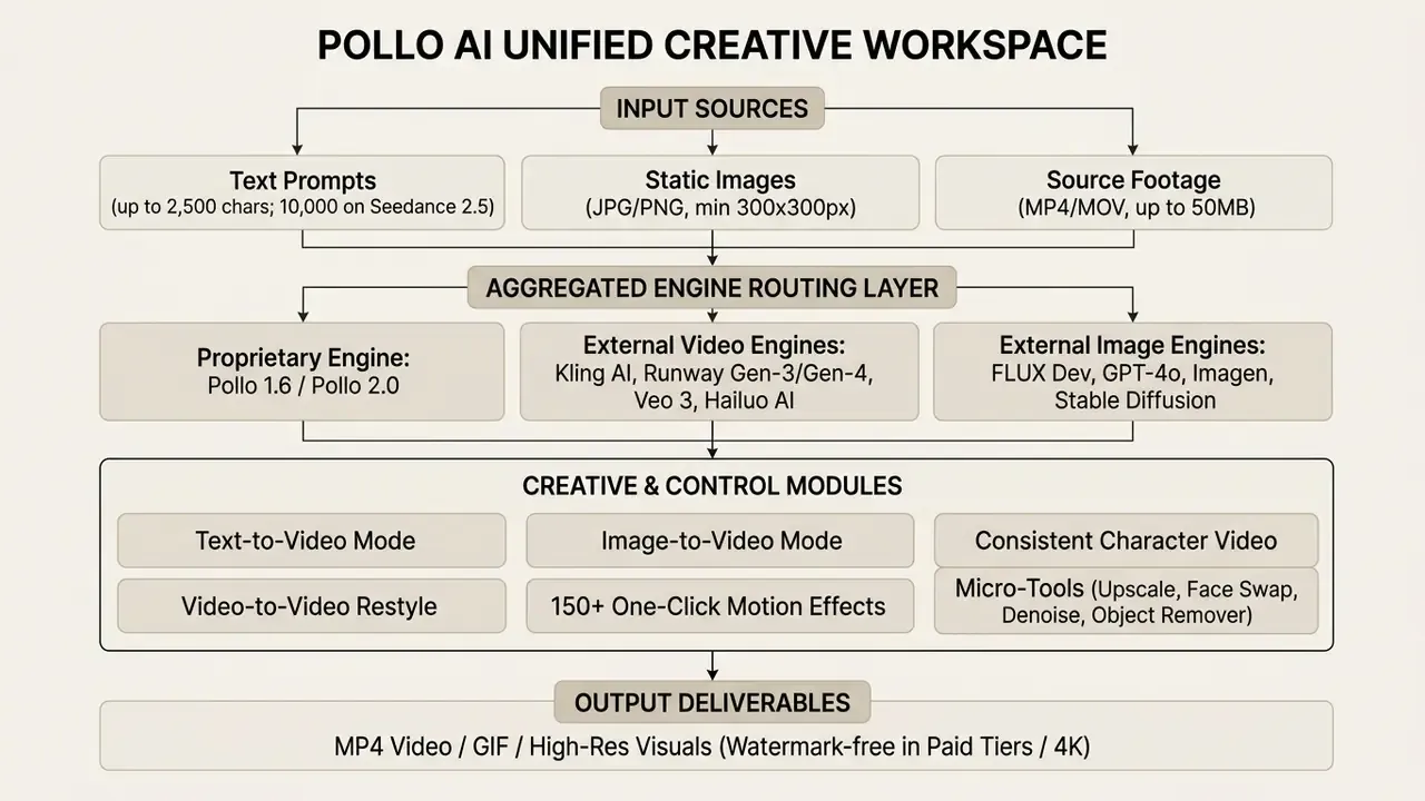 Flowchart showing the Pollo AI video generator workspace from input sources to engine routing and output