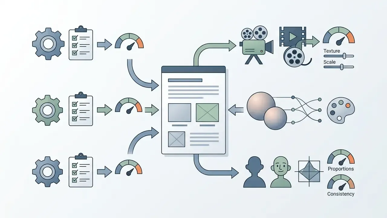 Icons of gears and checklists feeding into a central document panel with animation and character outputs
