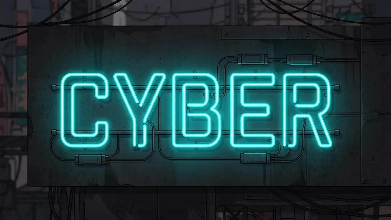 Glowing cyan neon sign displaying the word CYBER against a dark grunge wall with visible wiring