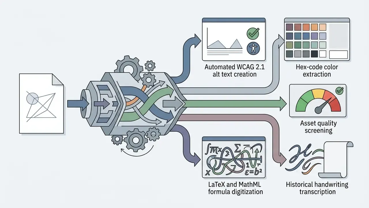 Mechanical gear system processing a document into various automated outputs like alt text and transcription