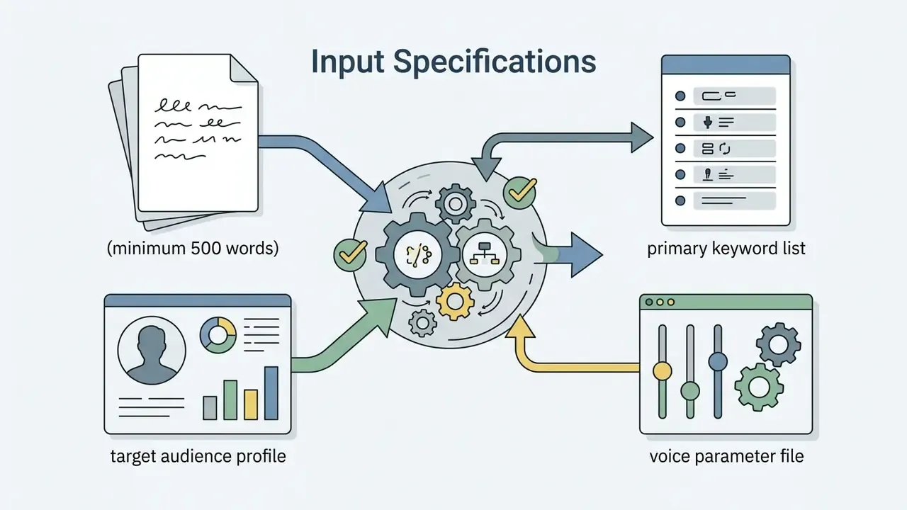 Raw text, audience profiles, keywords, and voice parameters feeding into a central gear processing hub