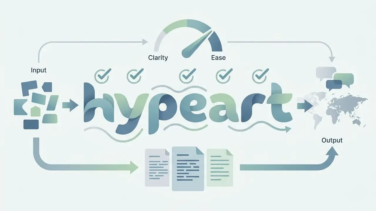 Word Hypeart surrounded by a gauge, checkmarks, document icons, and a world map showing phonetic analysis