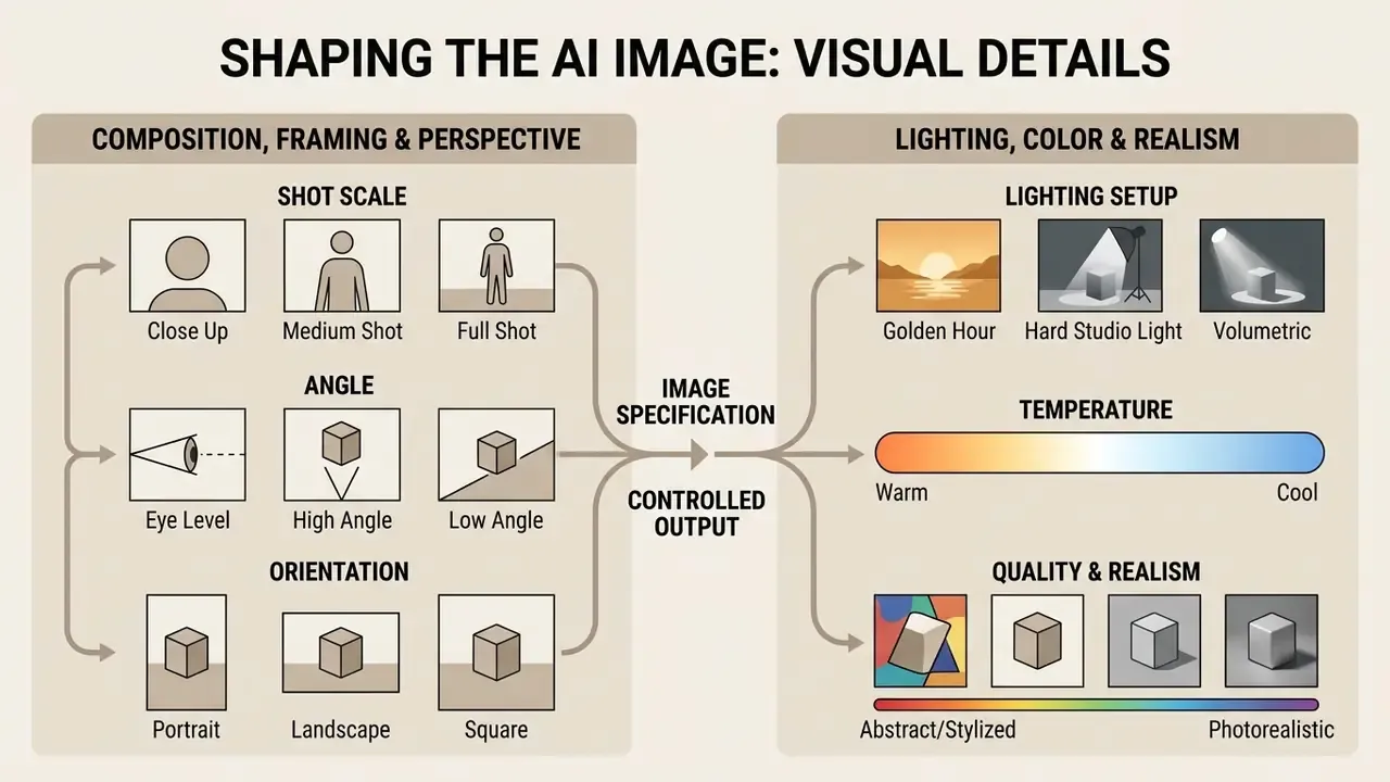 Infographic detailing how composition, lighting, and color settings define AI image generation output