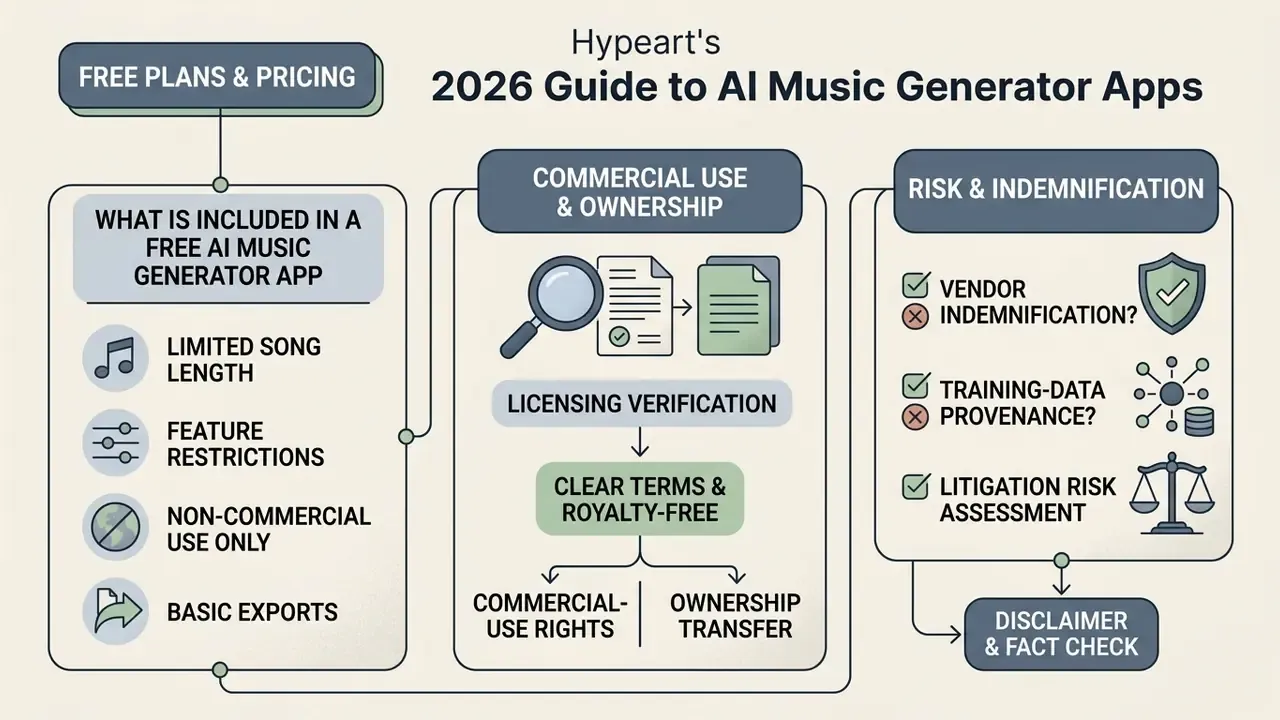 Infographic comparing free plan features, commercial ownership terms, and legal risks for music software