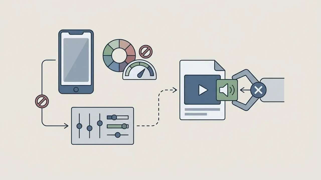 Smartphone and editing controls linked to a video file with a mechanical claw removing audio