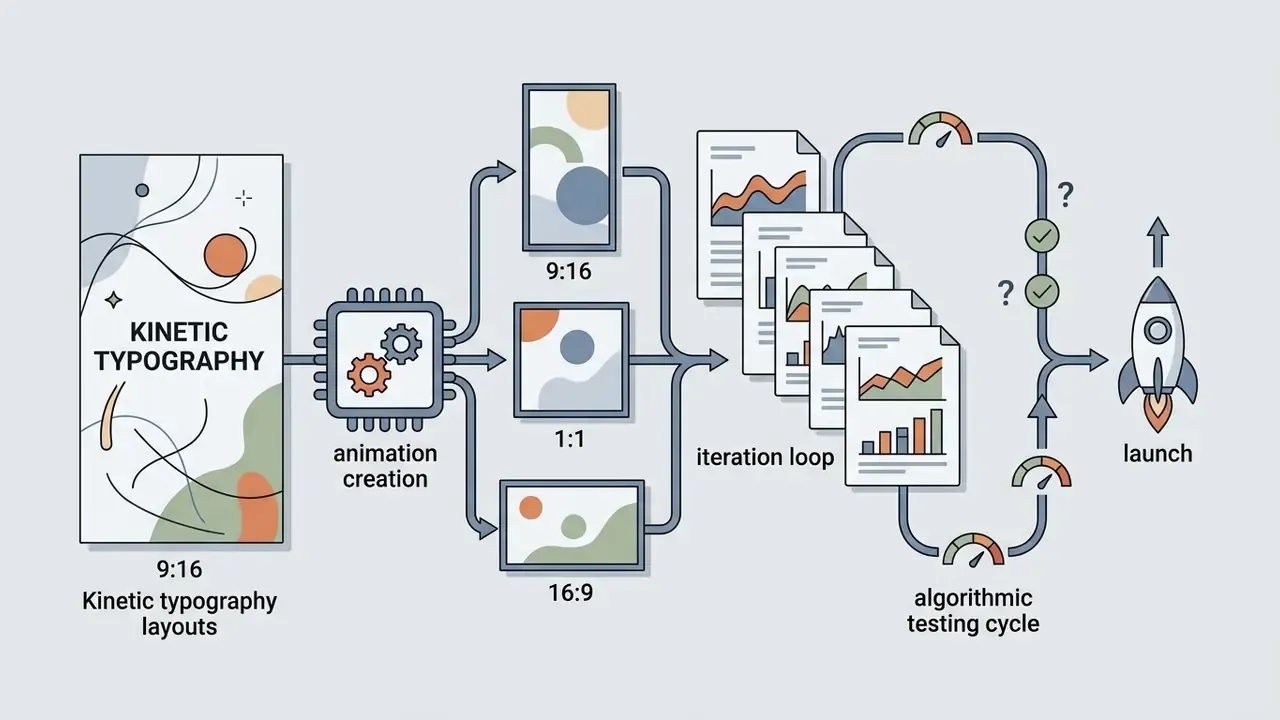 Kinetic typography layouts processed through an animation engine into multiple aspect ratios for iterative testing