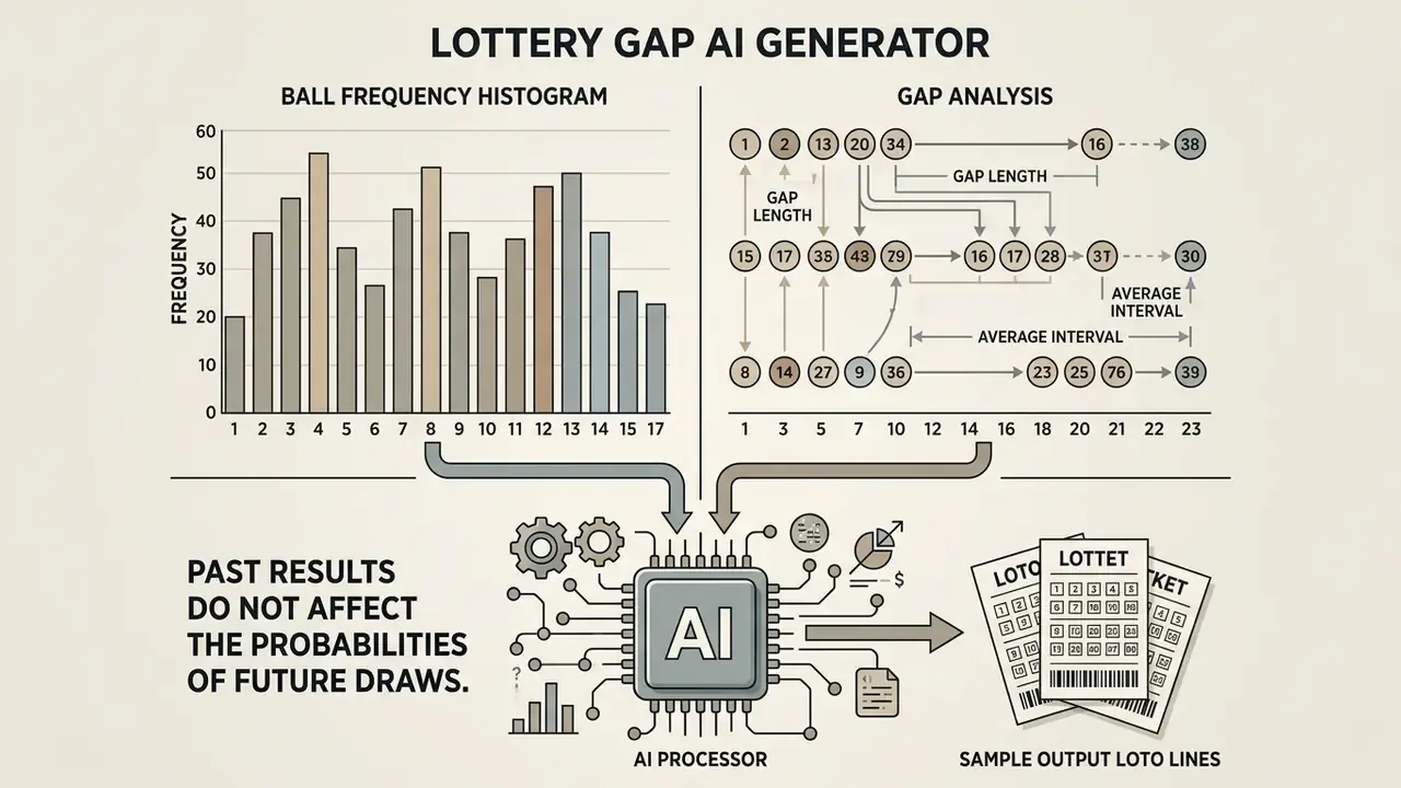 Bar chart of ball frequencies and a gap analysis diagram feeding into an AI processor for output tickets