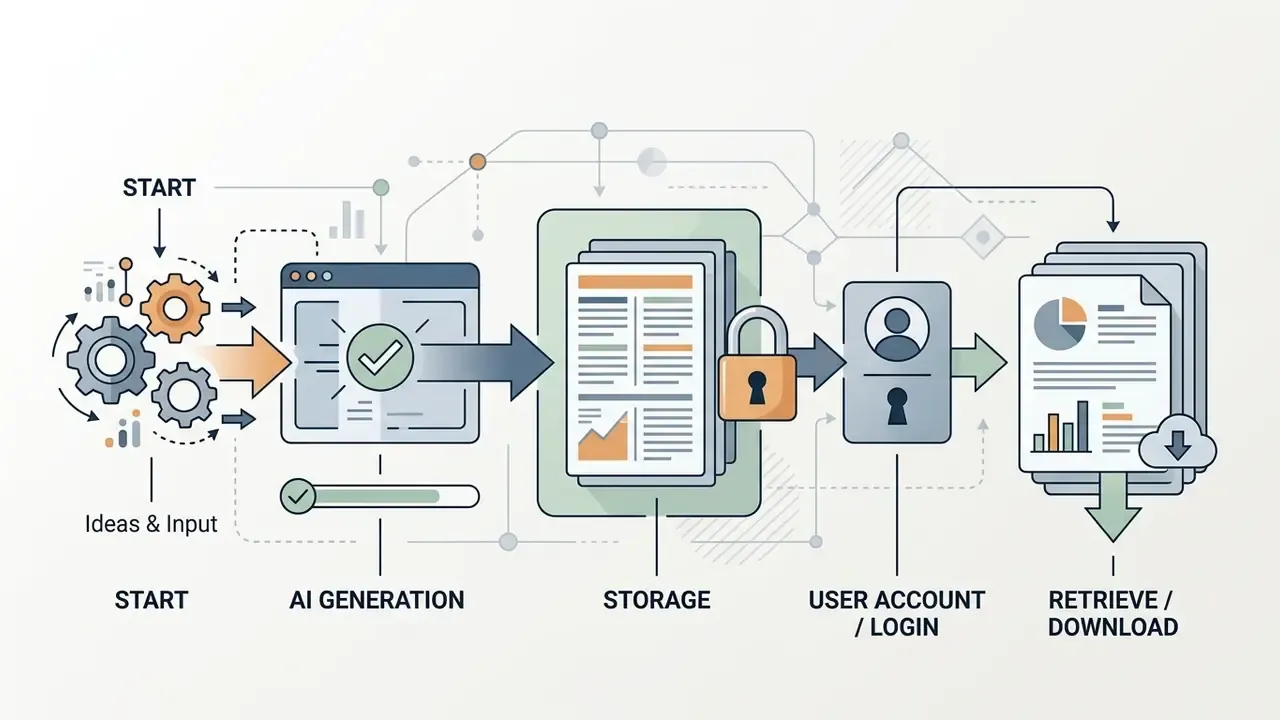 Sequential process from data input and generation to storage, user login, and final file download