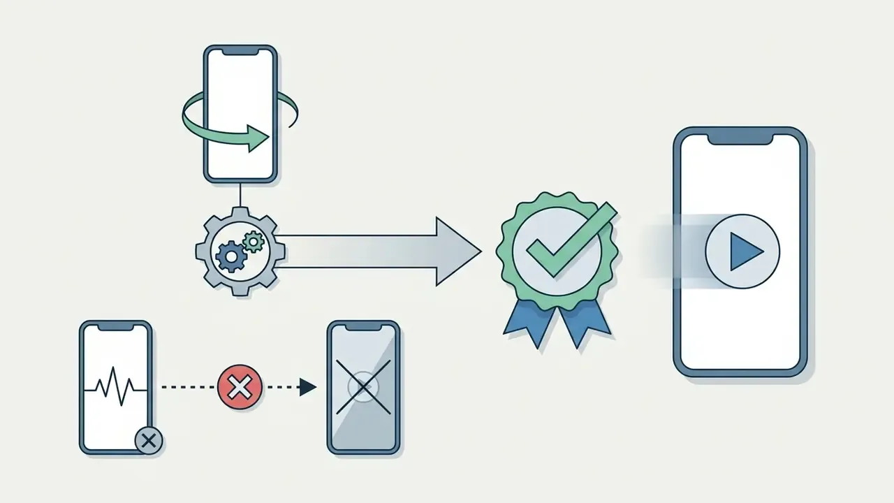 Smartphone icons showing rotation and quality checks leading to a successful video playback confirmation
