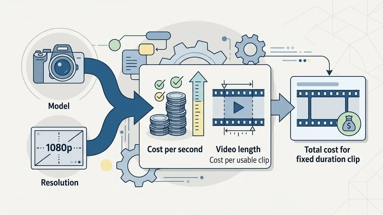 Camera and resolution settings feeding into cost and length metrics to determine final video clip pricing