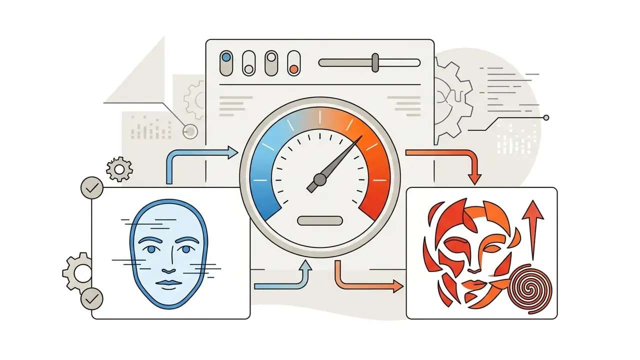 Central gauge adjusting a face outline into an abstract fragmented style with arrows and gear icons