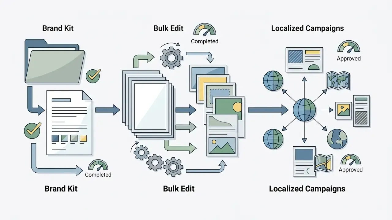 Workflow showing brand kits feeding into bulk editing processes to produce localized marketing campaigns