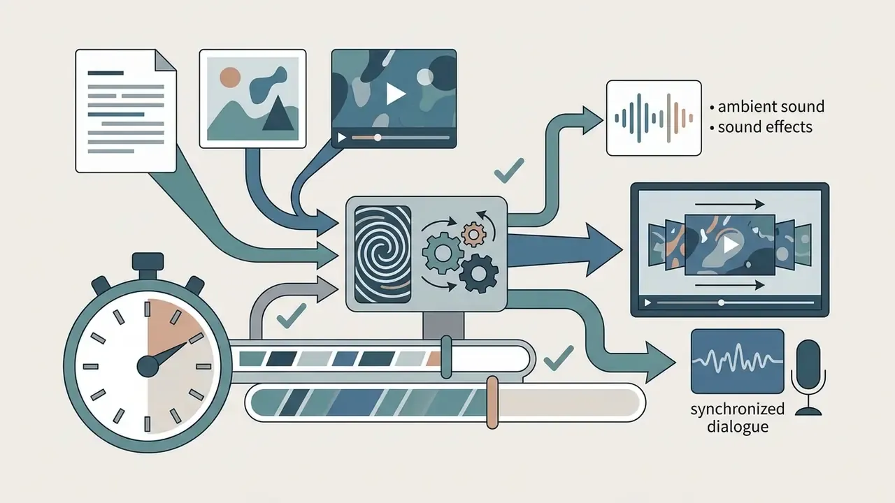 Process showing text, image, and video inputs being transformed into media with sound and synchronized dialogue