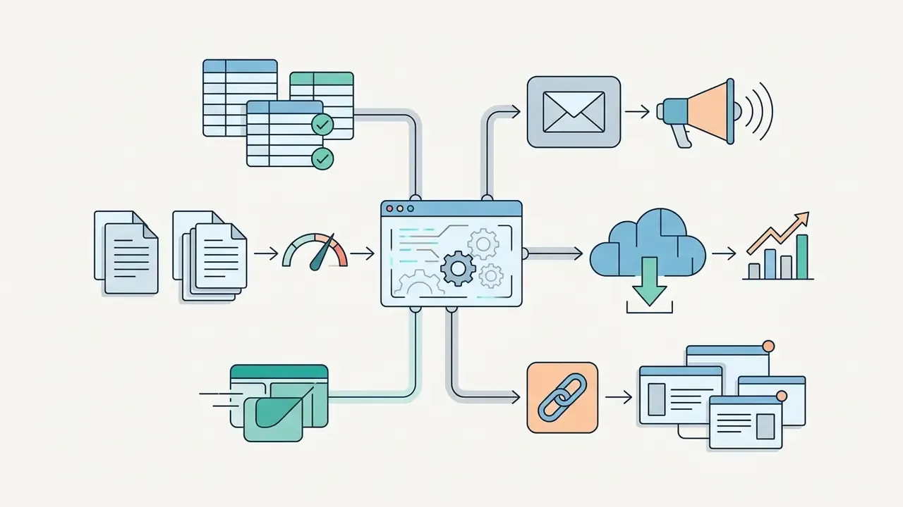 Input sources like tables and documents flowing into a central processing hub to trigger external actions