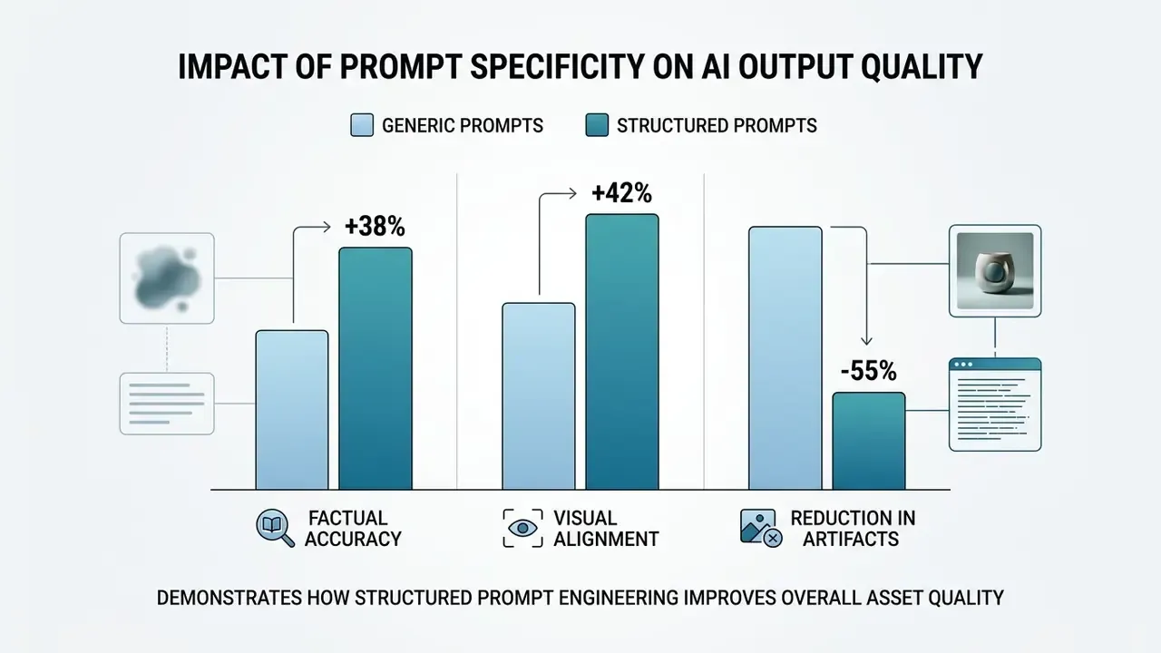 Bar chart comparing generic and structured prompts across accuracy, visual alignment, and artifact reduction
