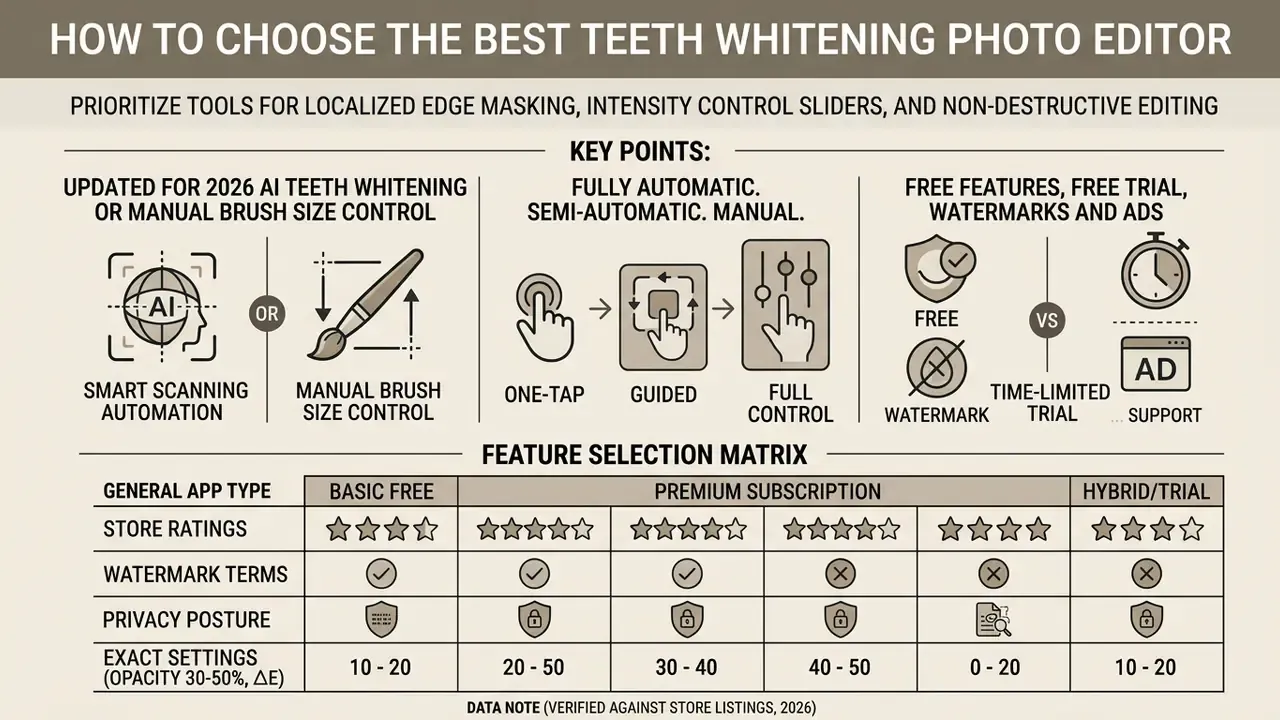 Infographic comparing teeth whitening app features including automation levels and a selection matrix