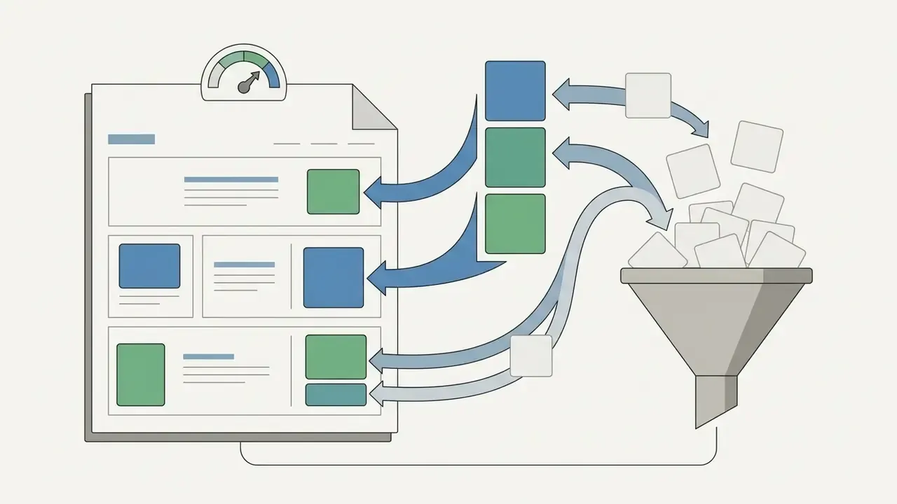 Document with a speed gauge showing content blocks being populated from a funnel of raw data elements