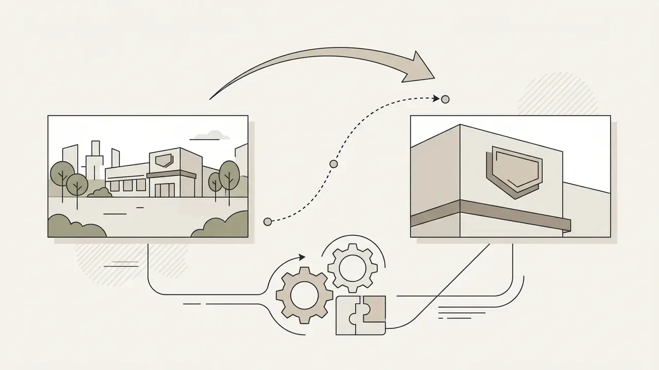 Two frames showing a wide building shot transitioning to a close-up via a gear and puzzle mechanism