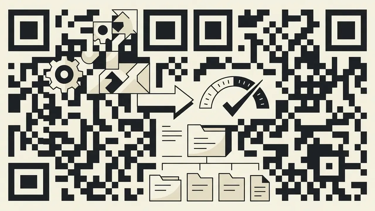 QR code pattern featuring a gear icon, a checkmark gauge, and a hierarchical file folder structure
