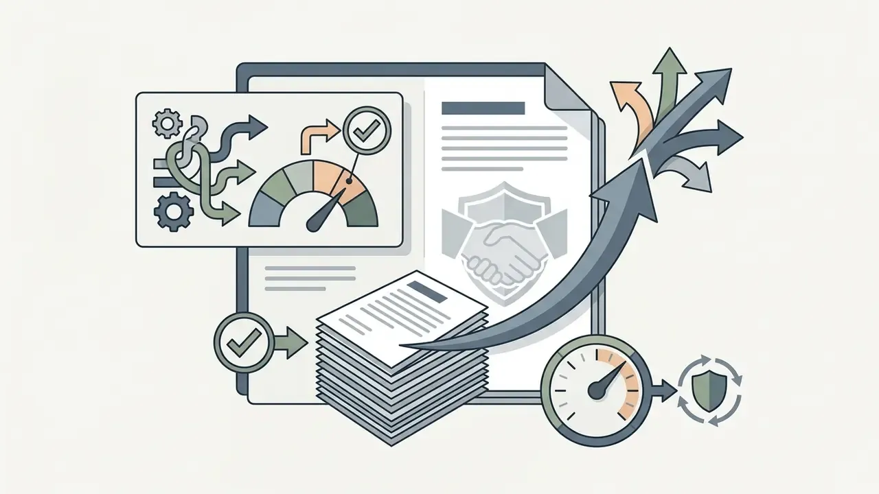 Stack of legal documents with a handshake icon and arrows pointing toward various compliance options
