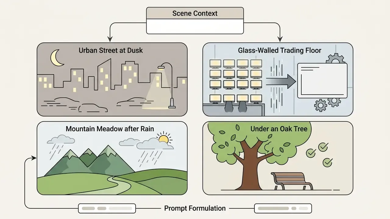 Four distinct visual scenes illustrating how to define context when writing AI prompts for images