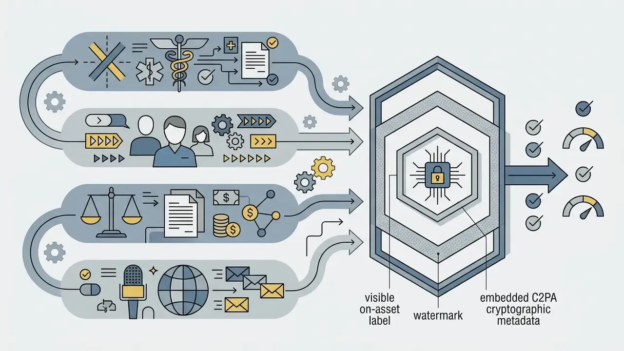 Four industry sectors feeding into a triple-layer disclosure system for content authentication