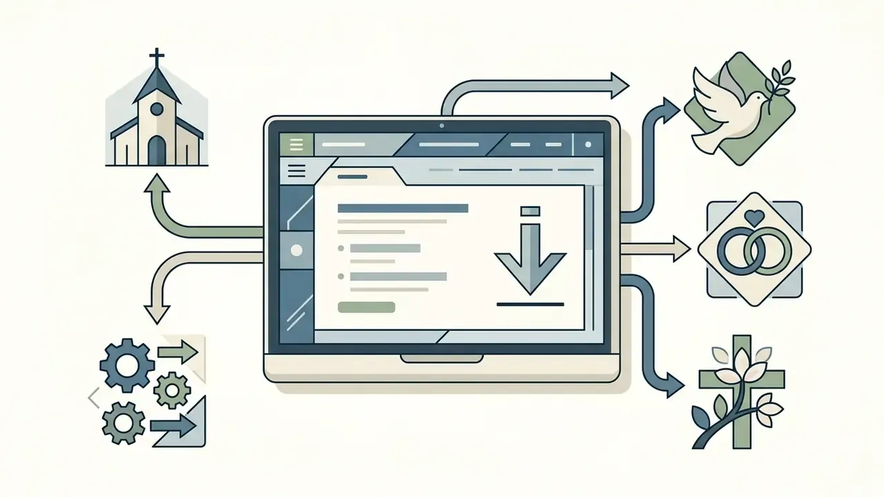 Laptop interface with a download arrow connected to church, gear, and religious ceremony event icons