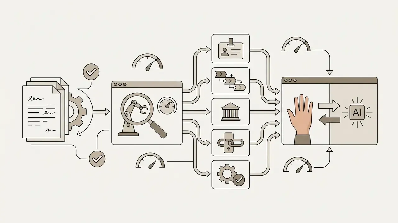 Document processing sequence leading to icon categories and a human-AI interaction interface