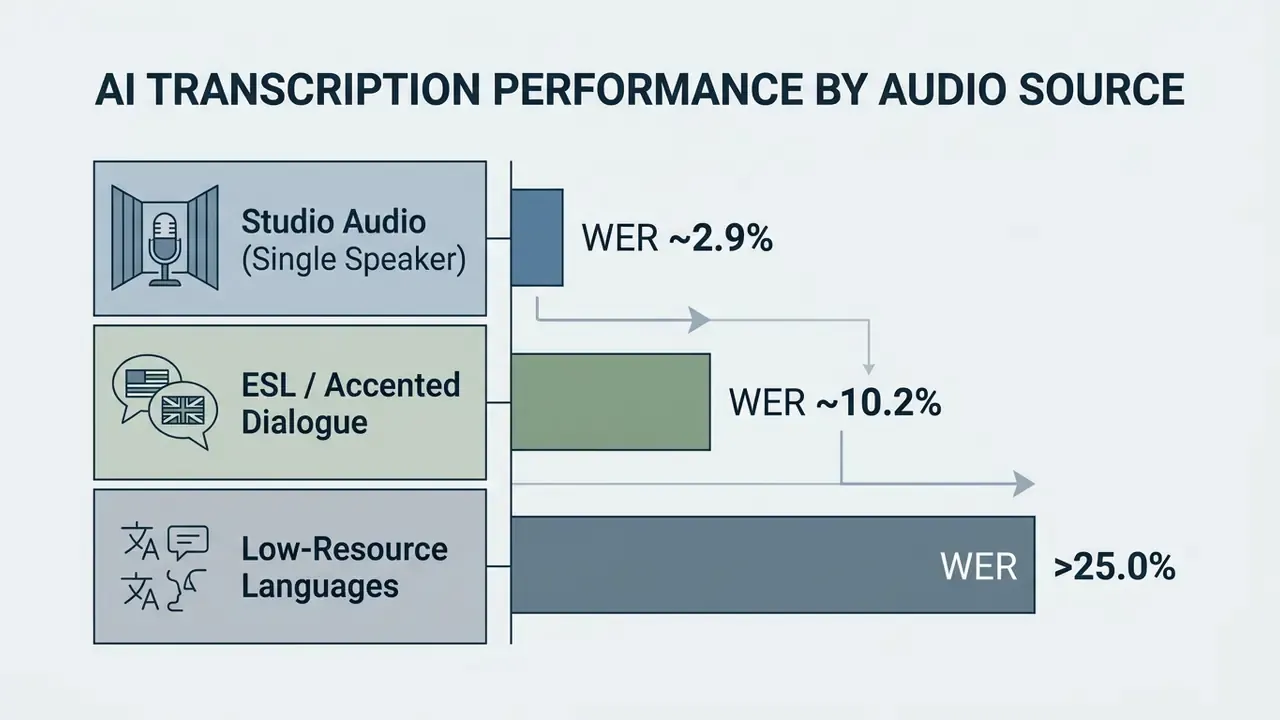 Bar chart comparing AI transcription word error rates across three different audio source categories