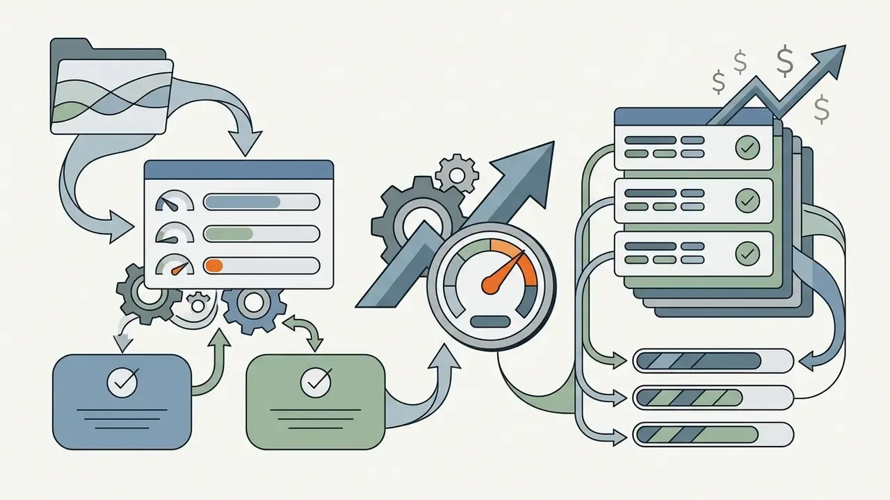 Flowchart showing data processing from a folder into a dashboard with speed gauges and financial growth