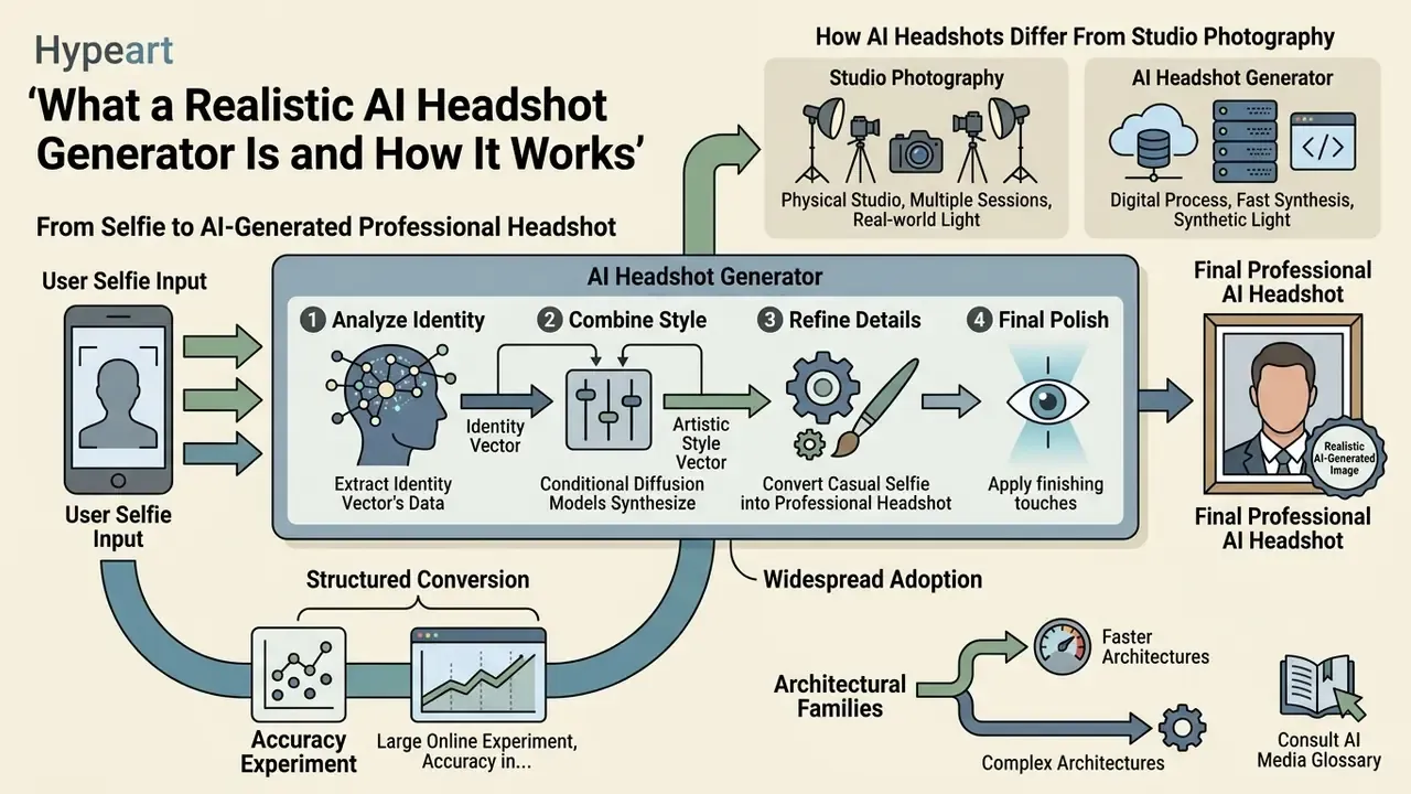 Infographic showing how a realistic AI headshot generator converts a selfie into a professional portrait