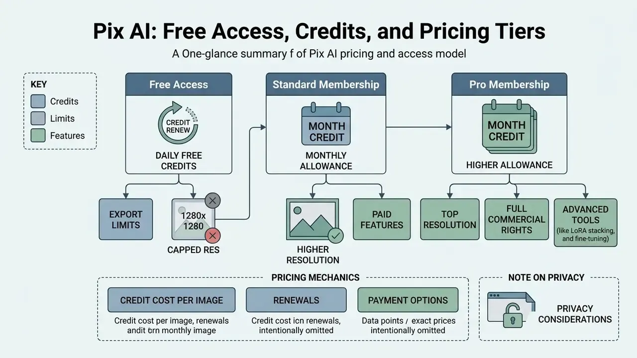 Flowchart outlining subscription levels, credit renewals, and feature access for a generative platform