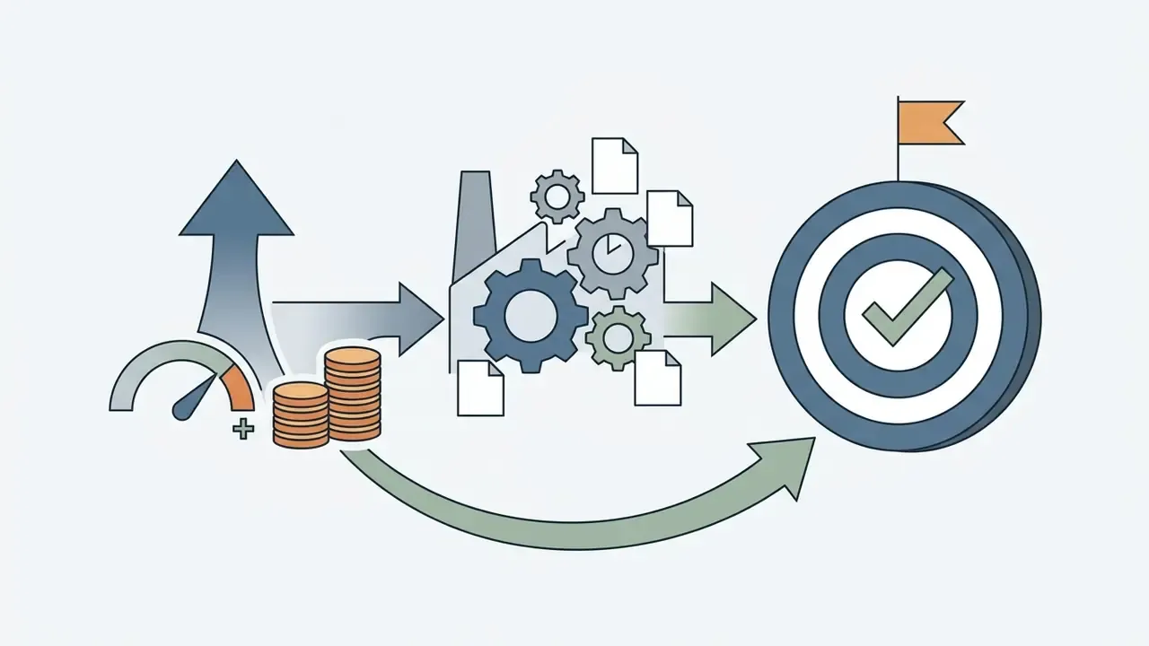 Coins and a gauge feeding into a factory processing documents to reach a target with a checkmark