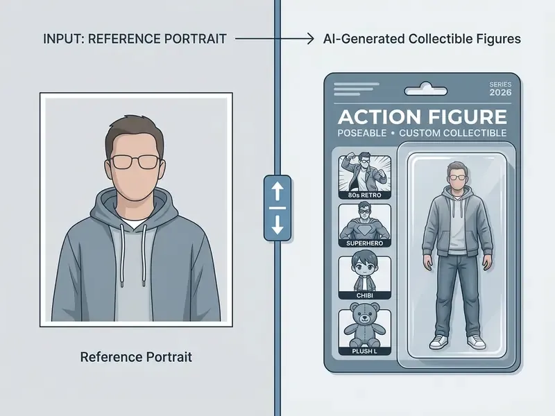 Split-screen slider comparing a reference portrait to a stylized action figure in a blister pack