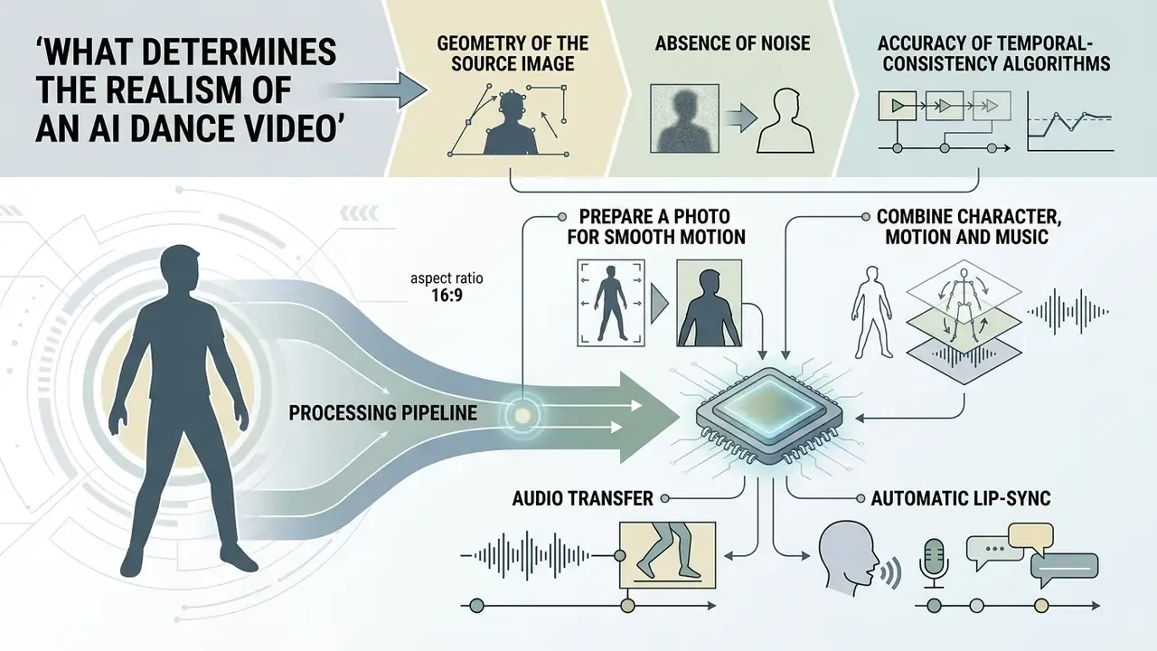 Diagram showing factors for realistic AI dance video generation including image geometry and audio sync