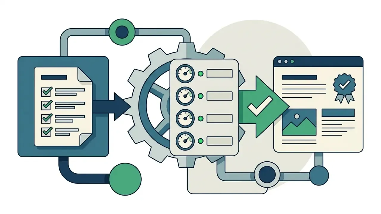 Checklist document feeding through a gear mechanism and status gauges to a verified website layout