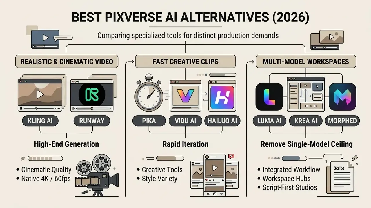 Categorized diagram mapping AI video tools to production needs like cinematic quality and rapid iteration